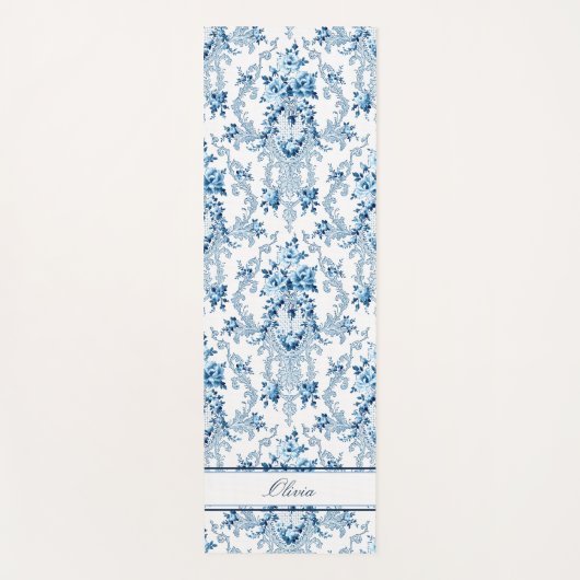 Gepersonaliseerde Franse Rococo Blue & White Flora Yogamat (Voorkant)