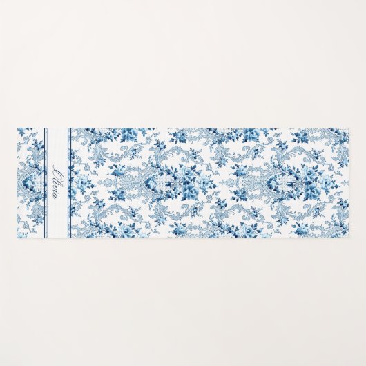 Gepersonaliseerde Franse Rococo Blue & White Flora Yogamat (Voorkant (horizontaal))