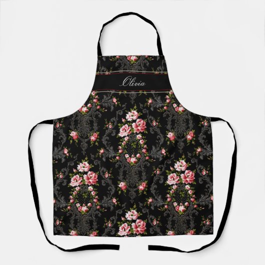 Gepersonaliseerde Franse Rococo Floral-Black achte Schort (Voorkant)