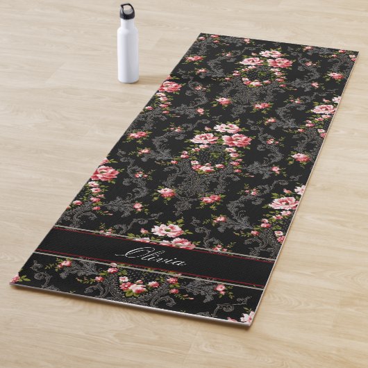 Gepersonaliseerde Franse Rococo Floral-Black achte Yogamat (In situ)