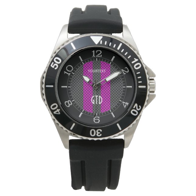 Gepersonaliseerde Fuchsia Racing Stripes Carbon St Horloge (Voorkant)