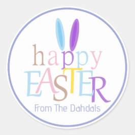 Gepersonaliseerde Fun Bunny Ears Happy Easter Blue Ronde Sticker