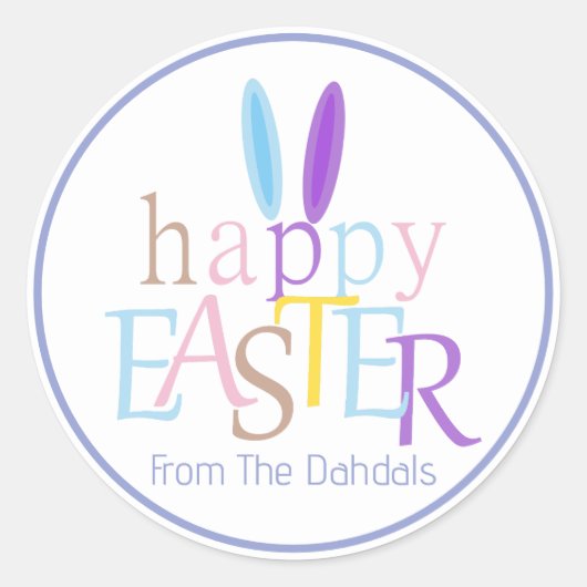 Gepersonaliseerde Fun Bunny Ears Happy Easter Blue Ronde Sticker (Voorkant)