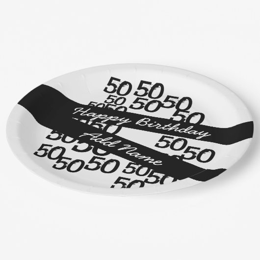 Gepersonaliseerde Funky Zwart Wit 50ste verjaardag Papieren Bordje (Gekanteld)