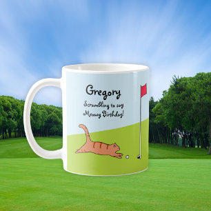 Gepersonaliseerde Funny Birthday Cartoon Cat Golf  Koffiemok