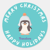 Gepersonaliseerde Funny Christmas Holiday Pinguin  Ronde Sticker (Voorkant)