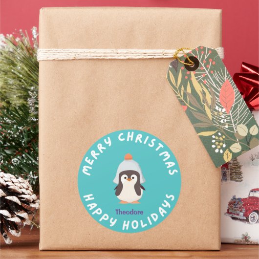 Gepersonaliseerde Funny Christmas Holiday Pinguin  Ronde Sticker (Feestdagen)