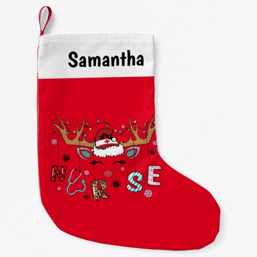 Gepersonaliseerde Funny Reindeer Verpleegster Kleine Kerstsok (Voorkant)