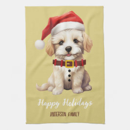 Gepersonaliseerde Funny Santa dog  Rode Mosterd Theedoek