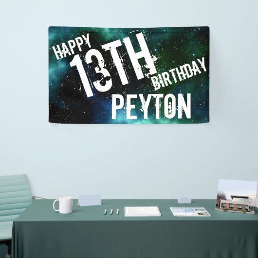 Gepersonaliseerde Galaxy Blue Green verjaardagsfee Spandoek (Beurs)