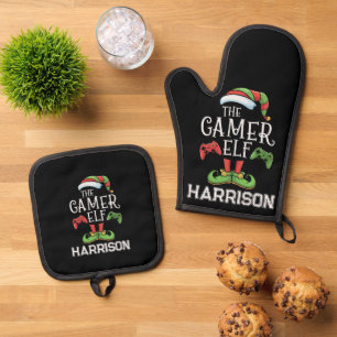 Gepersonaliseerde Gamer Elf Kerst Video Gamen Ovenwant & Pannenlap Set