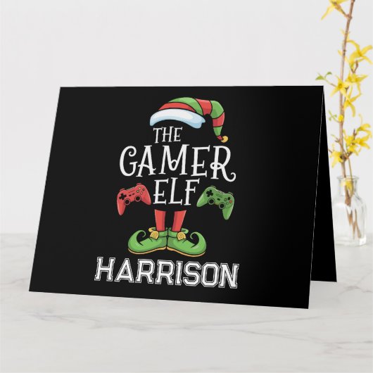 Gepersonaliseerde Gamer Elf Kerst Video Gaming Kaart (Gele Bloem)