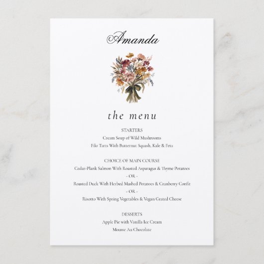 Gepersonaliseerde Gastnaam Herfst Flowers Wedding Menu (Voorkant)