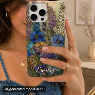 Gepersonaliseerde gebloemde tuin in glas-in-lood v iPhone 16 pro max hoesje