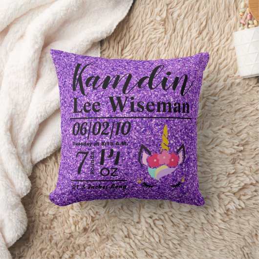 Gepersonaliseerde Geboorte Eenhoorn Paarse Glitter Kussen (Deken)