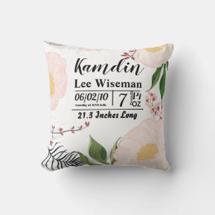 Gepersonaliseerde Geboorte Kussen Witte Bloemen op