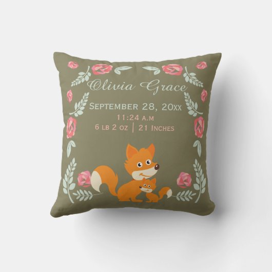Gepersonaliseerde Geboorte Nieuwe Baby Vos En Roze Kussen (Achterkant)