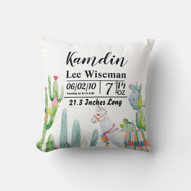 Gepersonaliseerde geboorte Pillow Boho Llama Bohem Kussen (Voorkant)