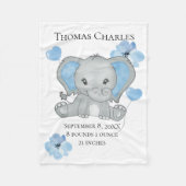 Gepersonaliseerde geboorte Stats Baby Elephant Blu Fleece Deken (Voorkant)