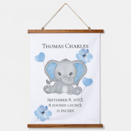 Gepersonaliseerde geboorte Stats Baby Elephant Blu Hangend Wandkleed