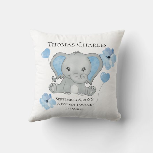 Gepersonaliseerde geboorte Stats Baby Elephant Blu Kussen (Achterkant)