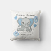Gepersonaliseerde geboorte Stats Baby Elephant Blu Kussen (Voorkant)