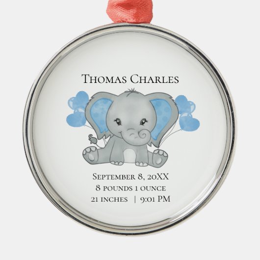 Gepersonaliseerde geboorte Stats Baby Elephant Blu Metalen Ornament (Voorkant)