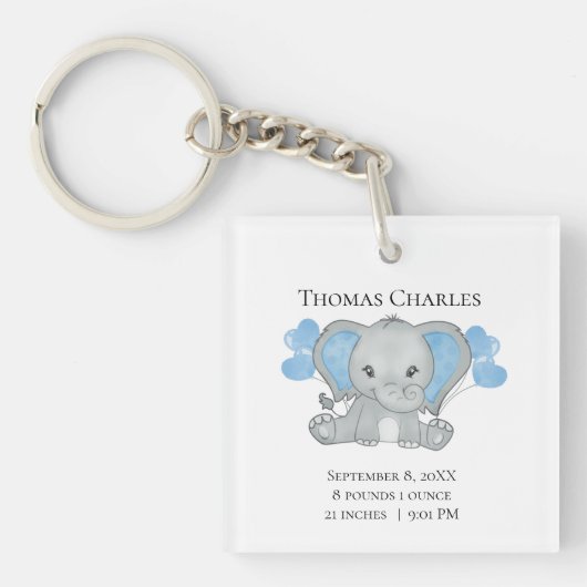 Gepersonaliseerde geboorte Stats Baby Elephant Blu Sleutelhanger (Voorkant)