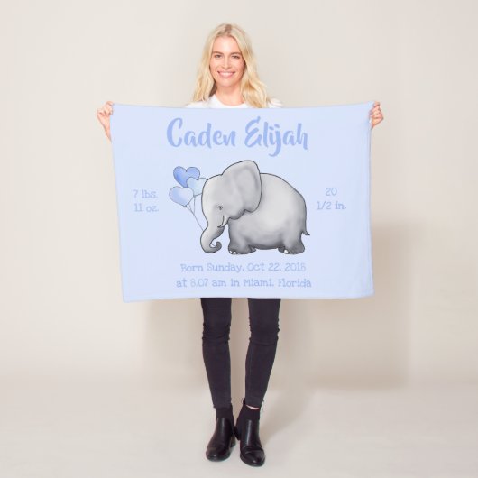 Gepersonaliseerde geboorte Stats Baby Elephants Nu Fleece Deken (In situ)