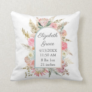 Gepersonaliseerde geboorte Stats Pink Floral Boho  Kussen