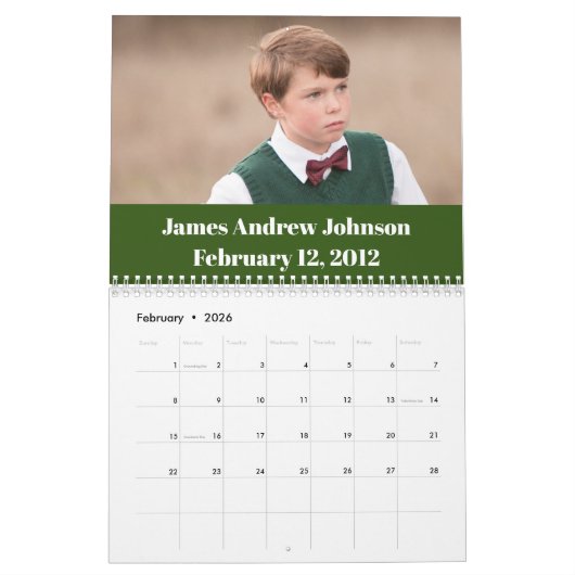 Gepersonaliseerde geboortedagkalender kalender (Feb 2026)