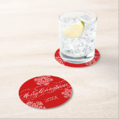 Gepersonaliseerde gedateerde rode sneeuwvlok Vroli Ronde Kartonnen Onderzetter (Insitu)