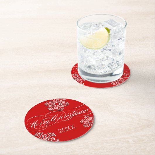 Gepersonaliseerde gedateerde rode sneeuwvlok Vroli Ronde Kartonnen Onderzetter (Insitu)