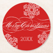 Gepersonaliseerde gedateerde rode sneeuwvlok Vroli Ronde Kartonnen Onderzetter (Voorkant)