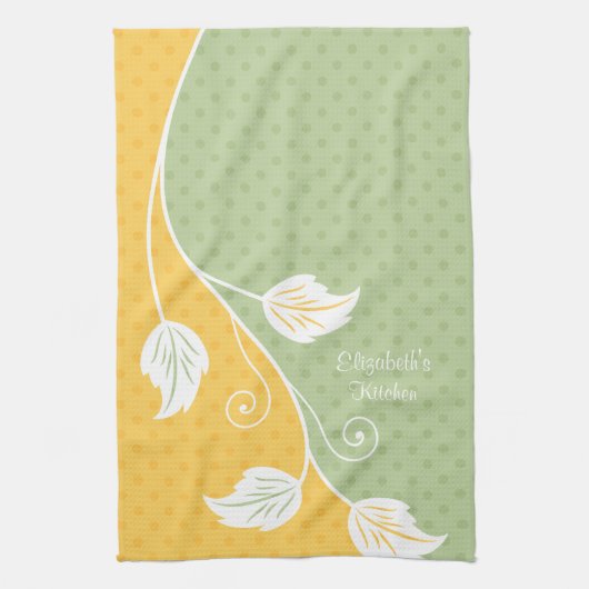 Gepersonaliseerde Geel Groen Polka Dot Bloemenwijn Theedoek (Verticaal)