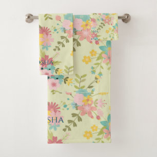 Gepersonaliseerde geel roze groene bloemen bad handdoek