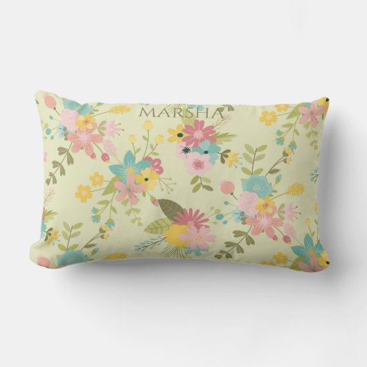 Gepersonaliseerde geel roze groene bloemen kussen (Voorkant)