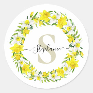 Gepersonaliseerde Geel Wit Daffodil Garland Ronde Sticker