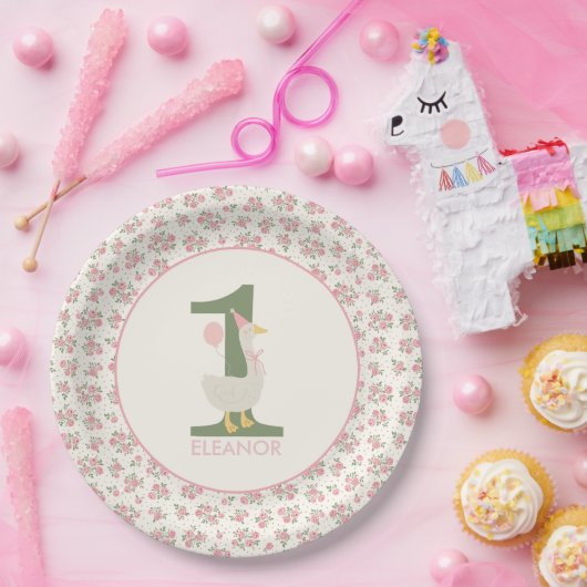 Gepersonaliseerde Gekke Gans Eerste Verjaardag Bor Papieren Bordje (Feest)