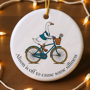 Gepersonaliseerde Gekke gans op een fiets Keramisch Ornament