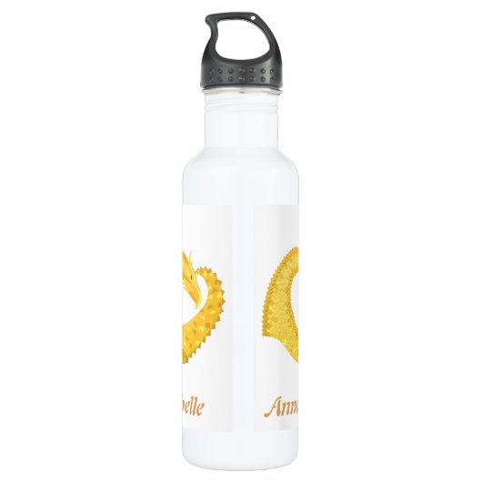 Gepersonaliseerde gele hartdraak op wit waterfles (Achterkant)