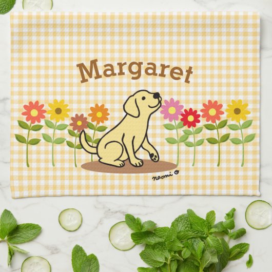 Gepersonaliseerde gele labrador en vele bloemen theedoek (Gevouwen)