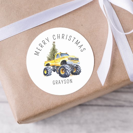 Gepersonaliseerde Gele Monster Truck Kerstcadeau Ronde Sticker