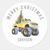 Gepersonaliseerde Gele Monster Truck Kerstcadeau Ronde Sticker (Voorkant)