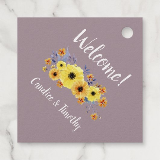 Gepersonaliseerde gele paarse uitnodiging. bedankjes labels (Achterkant)