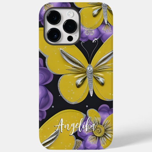 Gepersonaliseerde gele vlinders en paarse bloemen Case-Mate iPhone case (Achterkant)