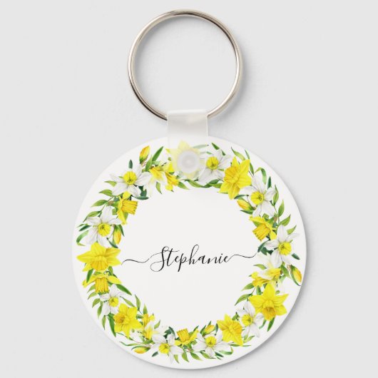 Gepersonaliseerde Gele Witte Lente Narcissen Garla Sleutelhanger (Voorkant)