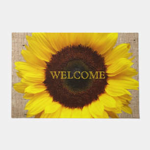 Gepersonaliseerde Gele Zonnebloem Faux Burlap Deurmat