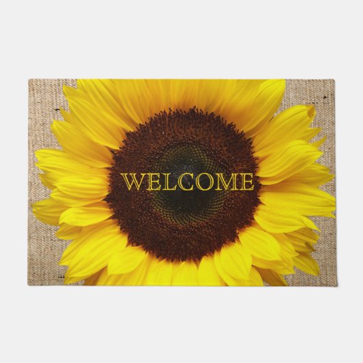 Gepersonaliseerde Gele Zonnebloem Faux Burlap Deurmat (Voorkant)