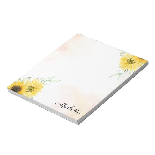 Gepersonaliseerde gele zonnebloem Waterverf Notitieblok (Linkerzijde)